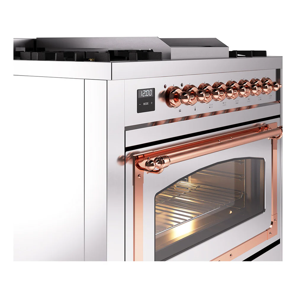 ILVE Nostalgie II Noblesse 36-Inch Natural Gas Dual Fuel Range and Triple Glass Door in Stainless Steel with Copper Trim (UN36FNMPSSP) - Image 3