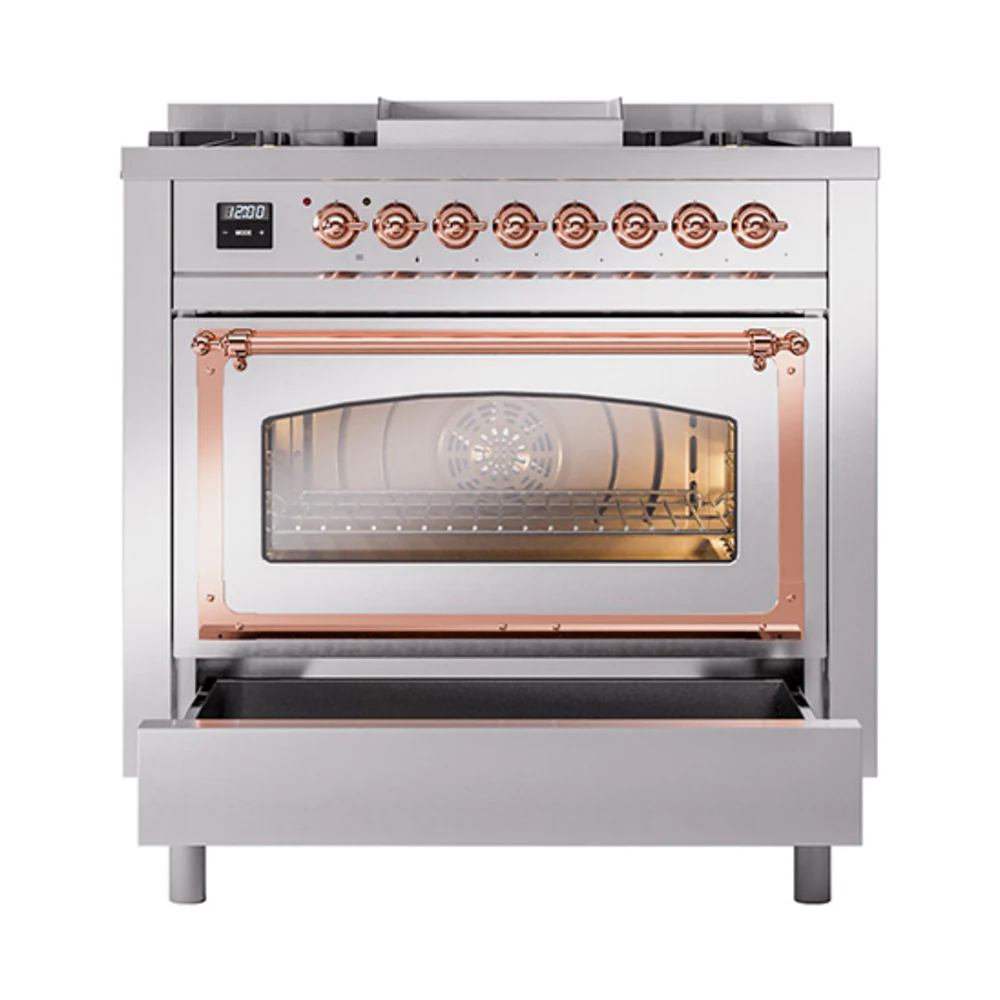 ILVE Nostalgie II Noblesse 36-Inch Natural Gas Dual Fuel Range and Triple Glass Door in Stainless Steel with Copper Trim (UN36FNMPSSP) - Image 6