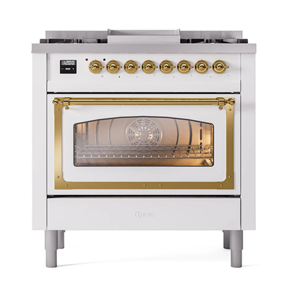 ILVE Nostalgie II Noblesse 36-Inch Natural Gas Dual Fuel Range and Triple Glass Door in White with Brass Trim (UN36FNMPWHG) - Image 2