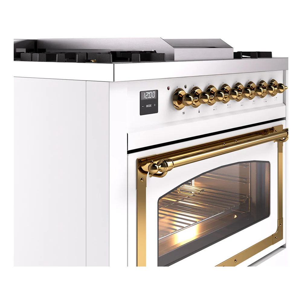 ILVE Nostalgie II Noblesse 36-Inch Natural Gas Dual Fuel Range and Triple Glass Door in White with Brass Trim (UN36FNMPWHG) - Image 3