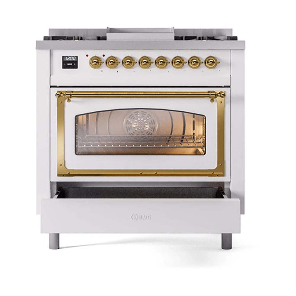 ILVE Nostalgie II Noblesse 36-Inch Natural Gas Dual Fuel Range and Triple Glass Door in White with Brass Trim (UN36FNMPWHG) - Image 6