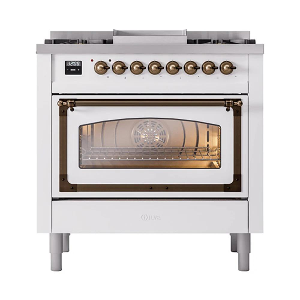 ILVE Nostalgie II Noblesse 36-Inch Natural Gas Dual Fuel Range and Triple Glass Door in White with Bronze Trim (UN36FNMPWHB) - Image 2