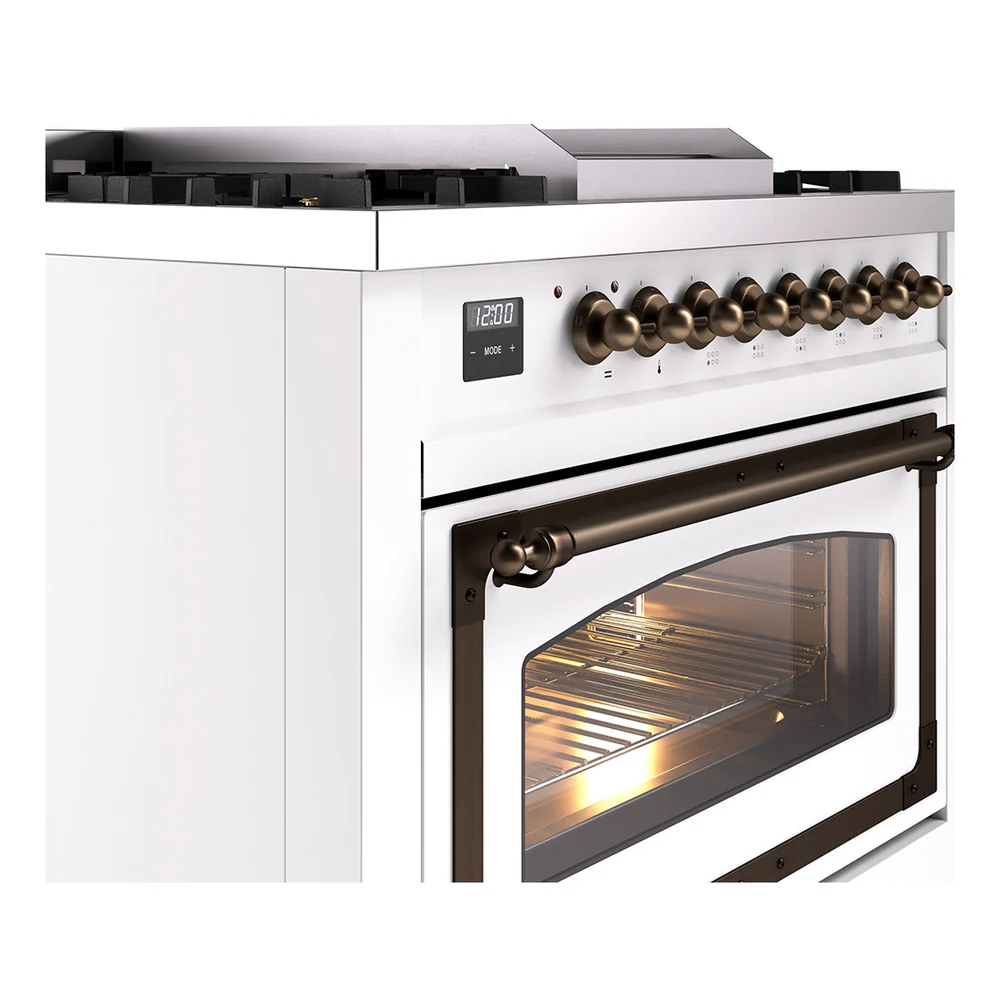 ILVE Nostalgie II Noblesse 36-Inch Natural Gas Dual Fuel Range and Triple Glass Door in White with Bronze Trim (UN36FNMPWHB) - Image 3