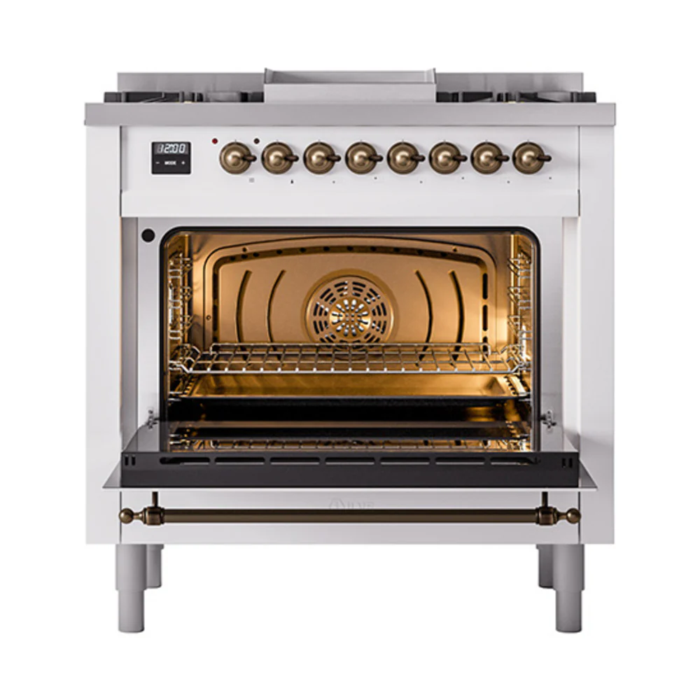 ILVE Nostalgie II Noblesse 36-Inch Natural Gas Dual Fuel Range and Triple Glass Door in White with Bronze Trim (UN36FNMPWHB) - Image 5