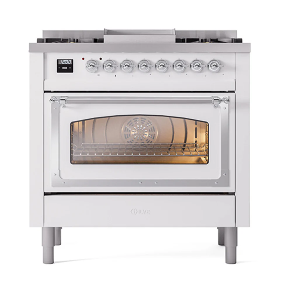 ILVE Nostalgie II Noblesse 36-Inch Natural Gas Dual Fuel Range and Triple Glass Door in White with Chrome Trim (UN36FNMPWHC) - Image 2