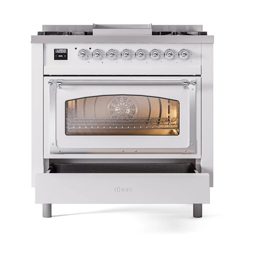 ILVE Nostalgie II Noblesse 36-Inch Natural Gas Dual Fuel Range and Triple Glass Door in White with Chrome Trim (UN36FNMPWHC) - Image 6