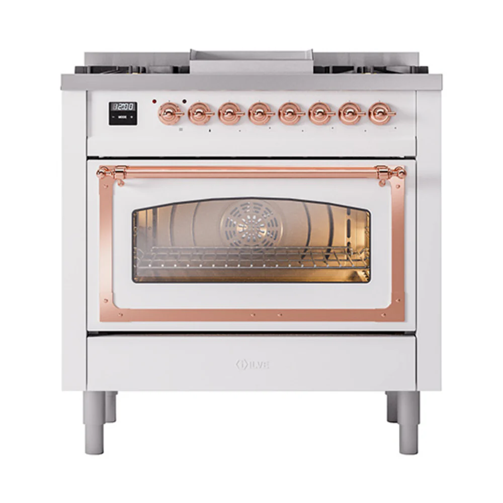 ILVE Nostalgie II Noblesse 36-Inch Natural Gas Dual Fuel Range and Triple Glass Door in White with Copper Trim (UN36FNMPWHP) - Image 2