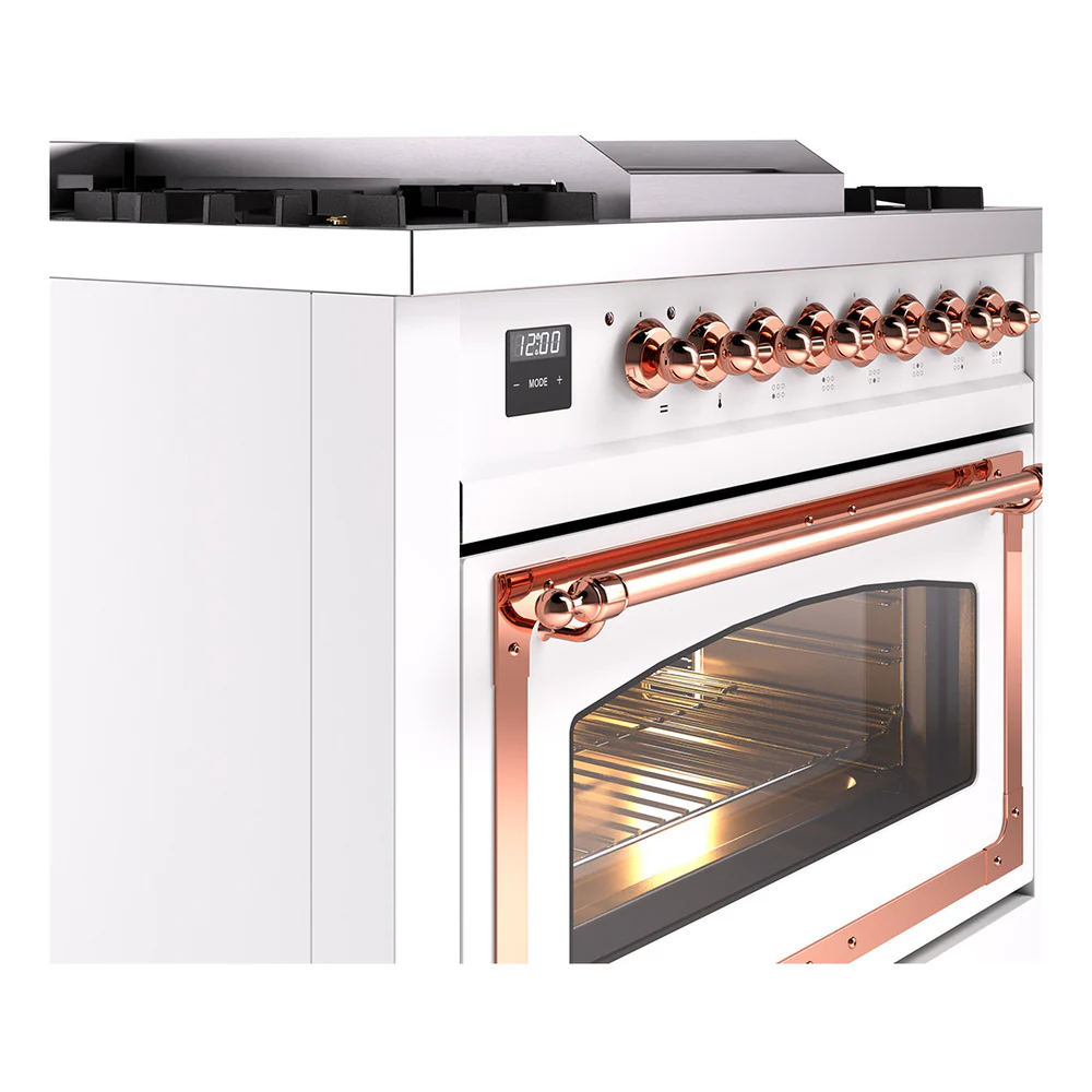 ILVE Nostalgie II Noblesse 36-Inch Natural Gas Dual Fuel Range and Triple Glass Door in White with Copper Trim (UN36FNMPWHP) - Image 3