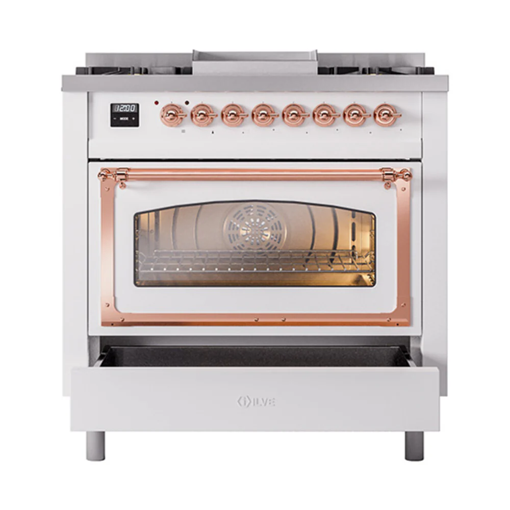 ILVE Nostalgie II Noblesse 36-Inch Natural Gas Dual Fuel Range and Triple Glass Door in White with Copper Trim (UN36FNMPWHP) - Image 6