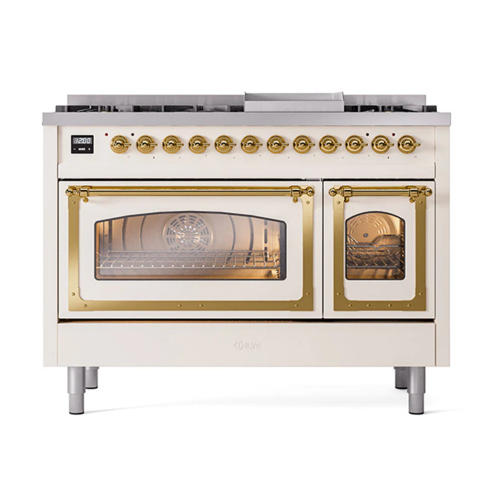 ILVE Nostalgie II Noblesse 48-Inch Freestanding Natural Gas Dual Fuel Range in Antique White with Brass Trim (UN48FNMPAWG) - Image 2