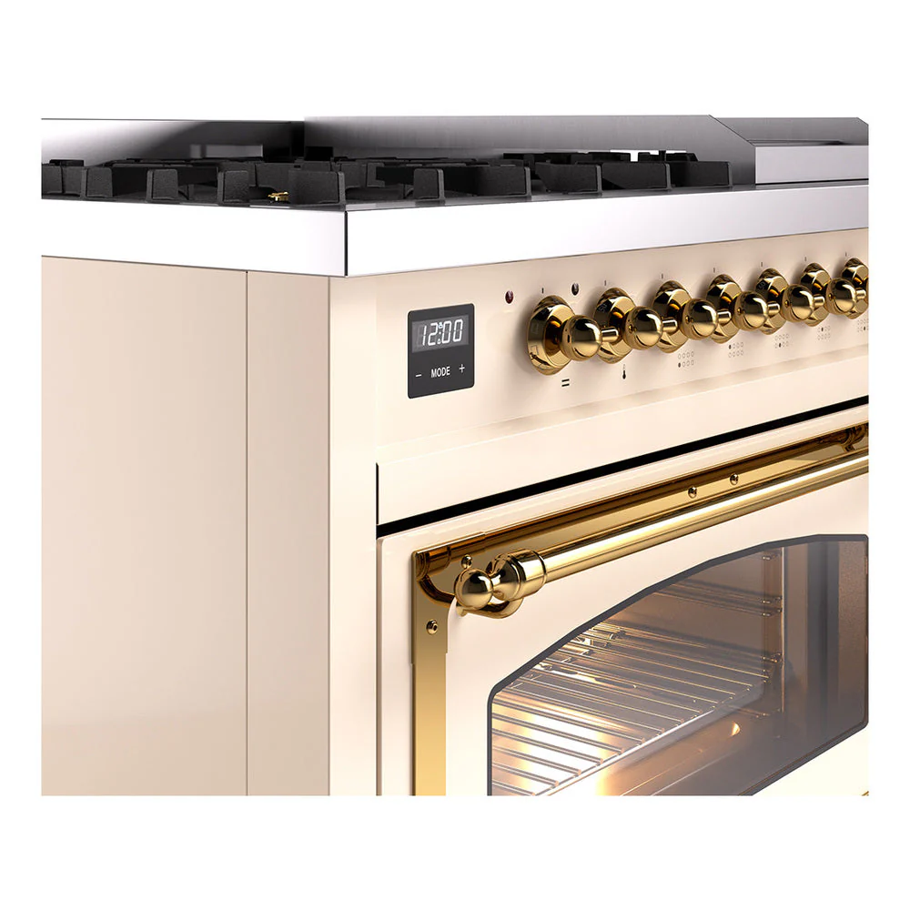 ILVE Nostalgie II Noblesse 48-Inch Freestanding Natural Gas Dual Fuel Range in Antique White with Brass Trim (UN48FNMPAWG) - Image 3