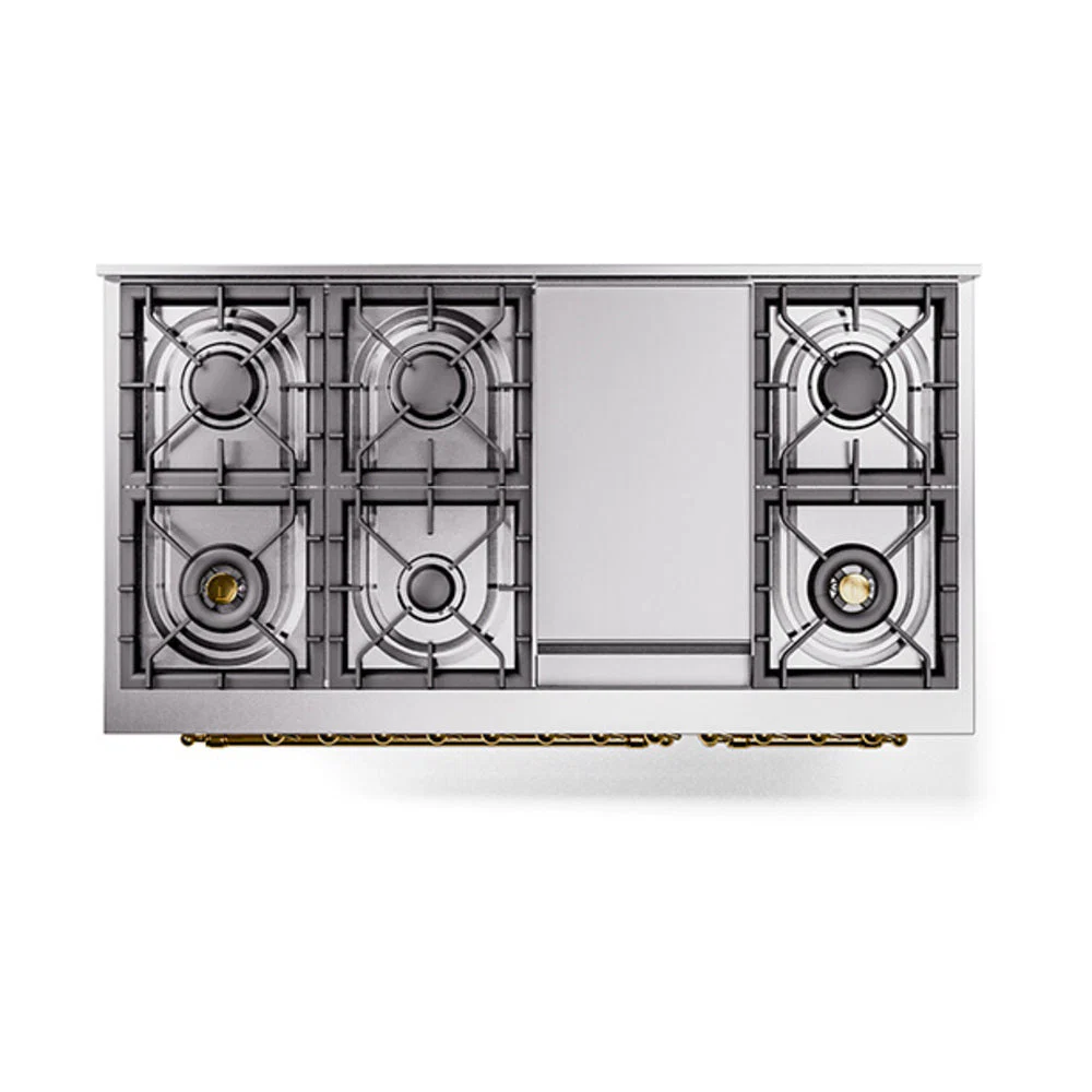 ILVE Nostalgie II Noblesse 48-Inch Freestanding Natural Gas Dual Fuel Range in Antique White with Brass Trim (UN48FNMPAWG) - Image 4