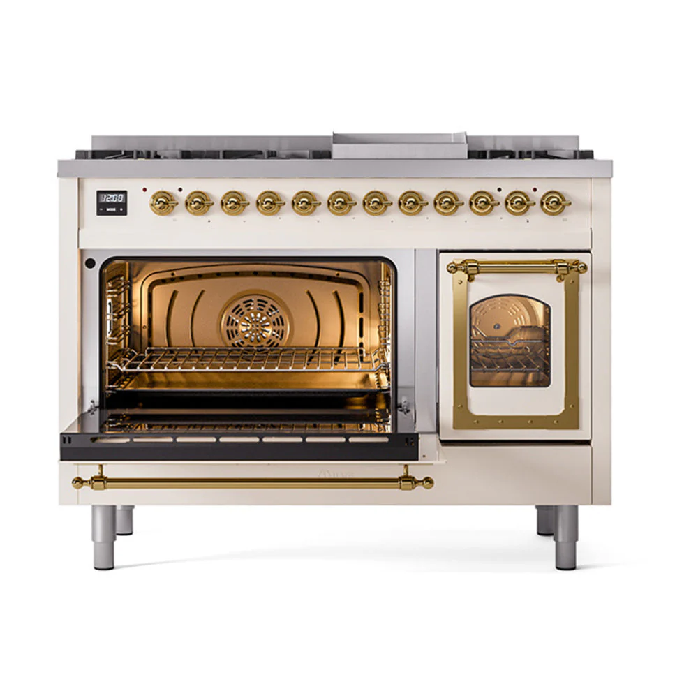 ILVE Nostalgie II Noblesse 48-Inch Freestanding Natural Gas Dual Fuel Range in Antique White with Brass Trim (UN48FNMPAWG) - Image 6