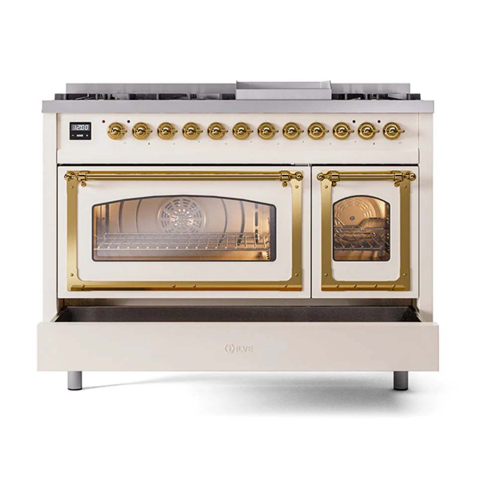 ILVE Nostalgie II Noblesse 48-Inch Freestanding Natural Gas Dual Fuel Range in Antique White with Brass Trim (UN48FNMPAWG) - Image 8