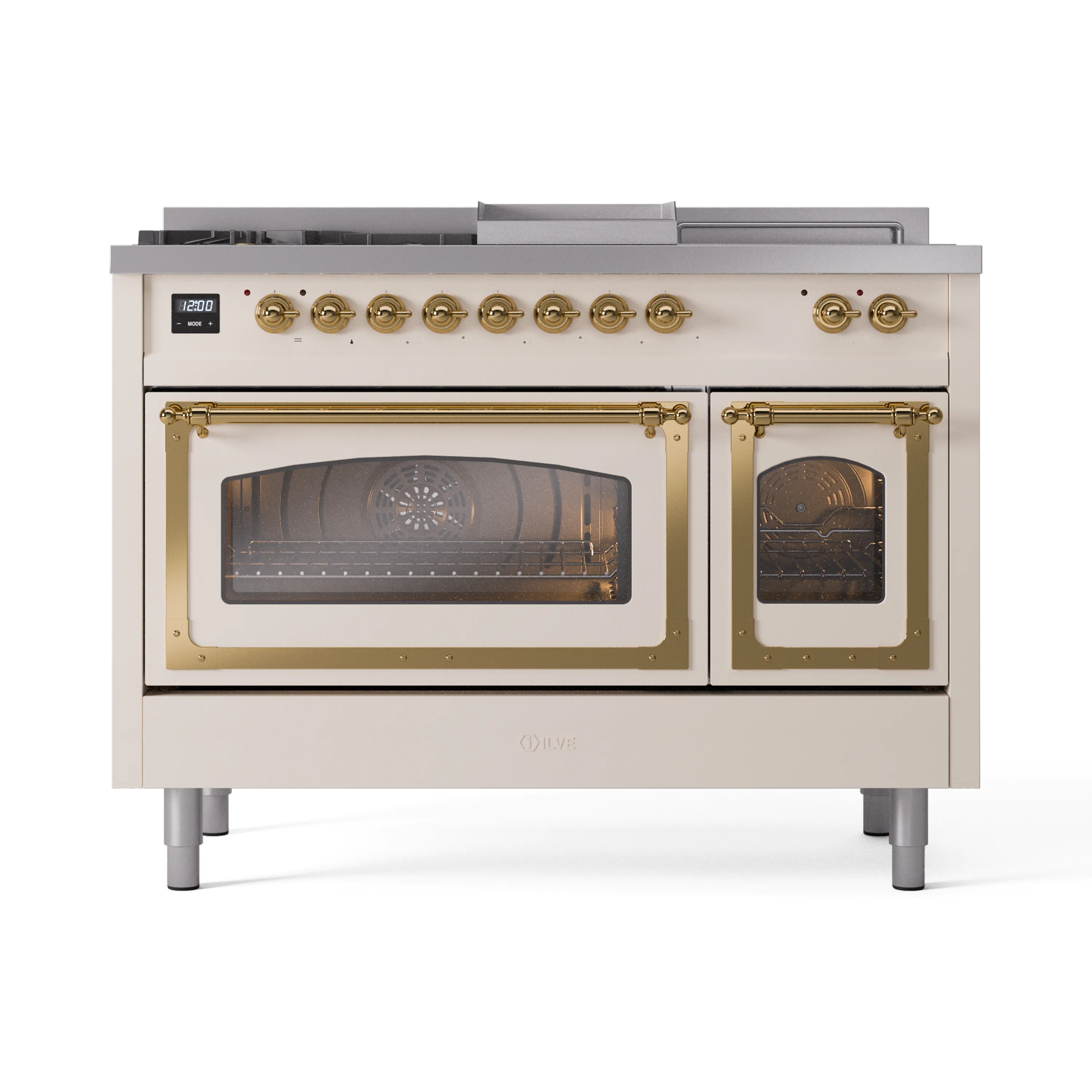 ILVE Nostalgie II Noblesse 48-Inch Natural Gas Dual Fuel Range with 5 Burners, Griddle, & French Top with Triple Glass Door Oven in Antique White with Brass Trim (UN48FSNMPAWG) - Image 2