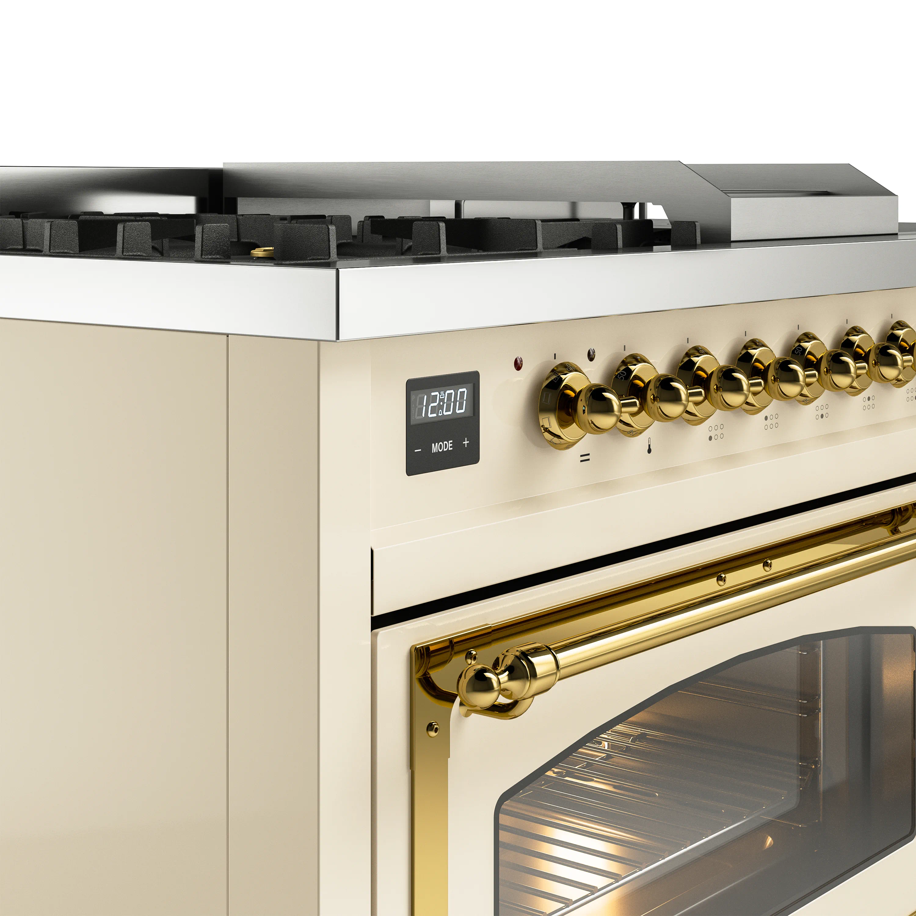 ILVE Nostalgie II Noblesse 48-Inch Natural Gas Dual Fuel Range with 5 Burners, Griddle, & French Top with Triple Glass Door Oven in Antique White with Brass Trim (UN48FSNMPAWG) - Image 3