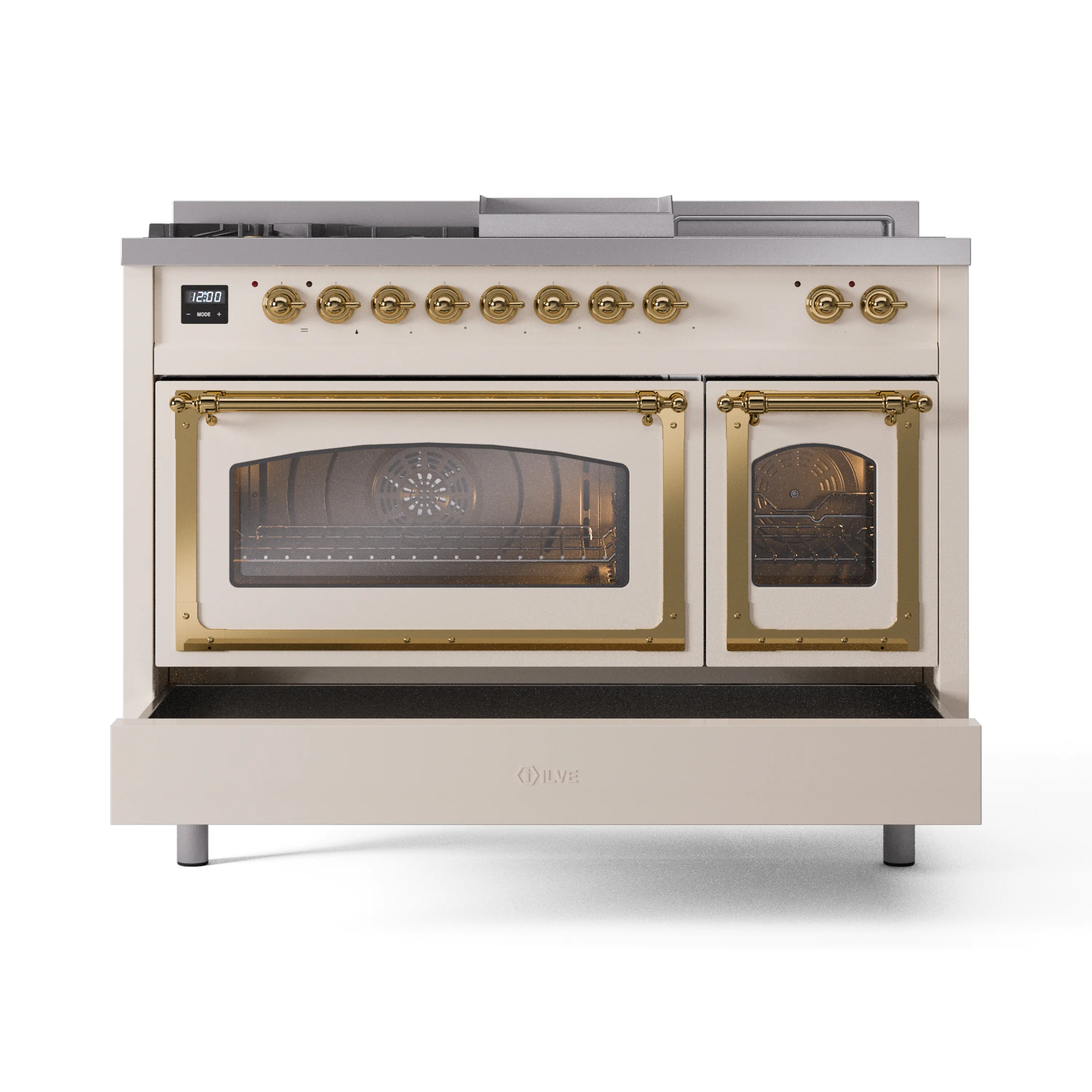 ILVE Nostalgie II Noblesse 48-Inch Natural Gas Dual Fuel Range with 5 Burners, Griddle, & French Top with Triple Glass Door Oven in Antique White with Brass Trim (UN48FSNMPAWG) - Image 6