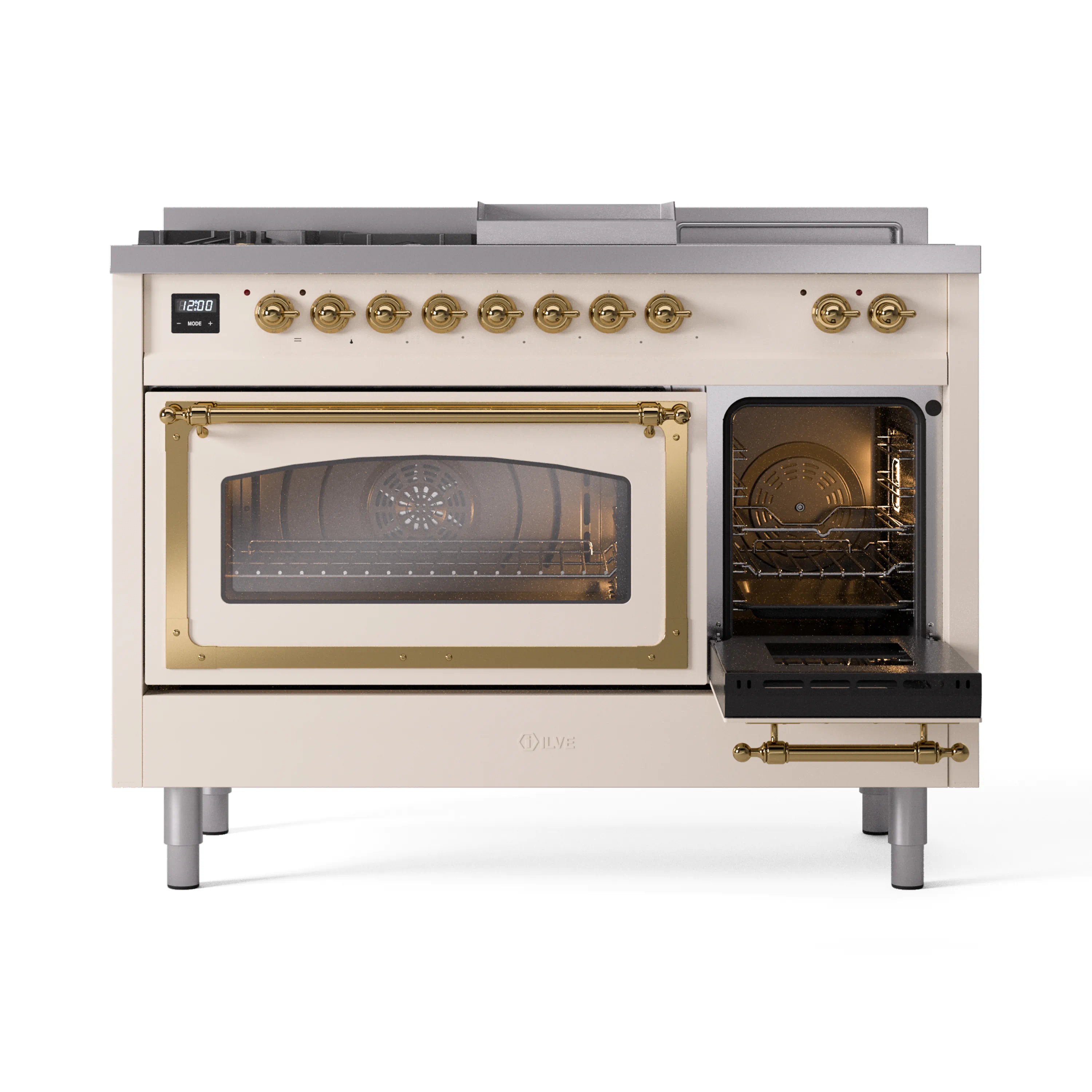ILVE Nostalgie II Noblesse 48-Inch Natural Gas Dual Fuel Range with 5 Burners, Griddle, & French Top with Triple Glass Door Oven in Antique White with Brass Trim (UN48FSNMPAWG) - Image 7