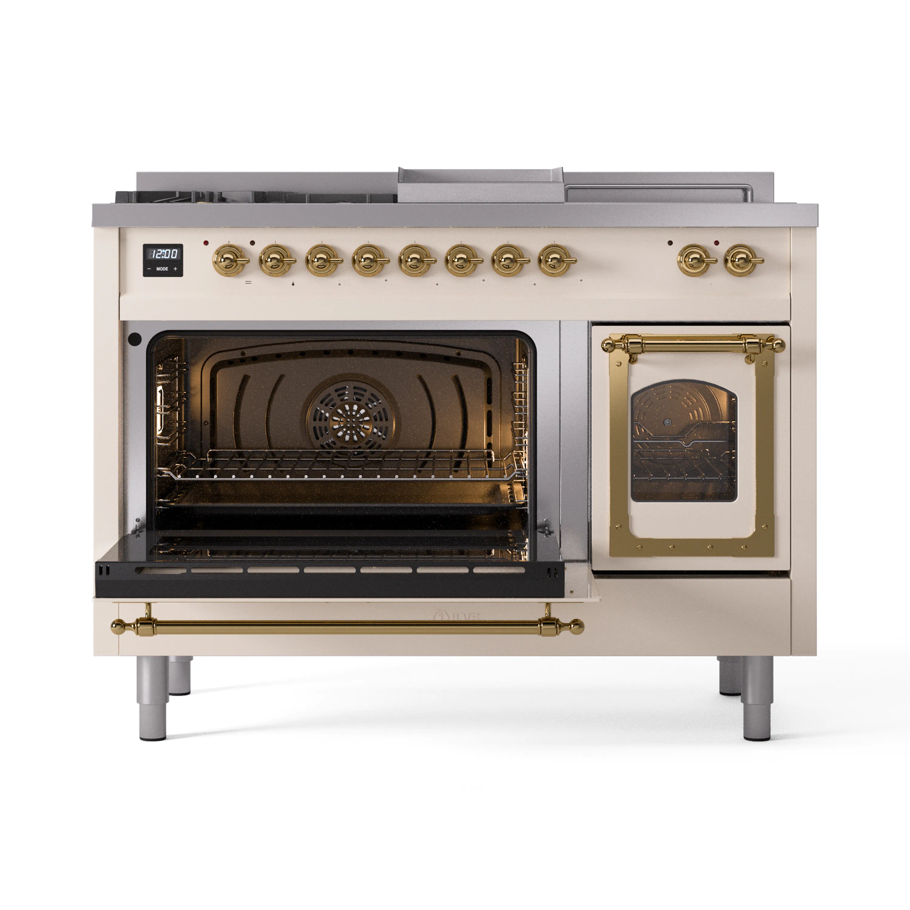 ILVE Nostalgie II Noblesse 48-Inch Natural Gas Dual Fuel Range with 5 Burners, Griddle, & French Top with Triple Glass Door Oven in Antique White with Brass Trim (UN48FSNMPAWG) - Image 8