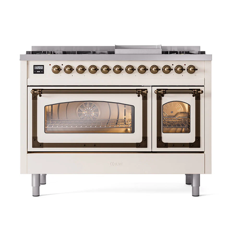 ILVE Nostalgie II Noblesse 48-Inch Freestanding Natural Gas Dual Fuel Range in Antique White with Bronze Trim (UN48FNMPAWB) - Image 2