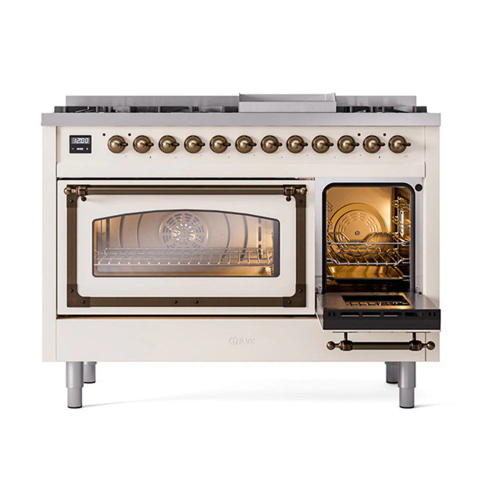 ILVE Nostalgie II Noblesse 48-Inch Freestanding Natural Gas Dual Fuel Range in Antique White with Bronze Trim (UN48FNMPAWB) - Image 6
