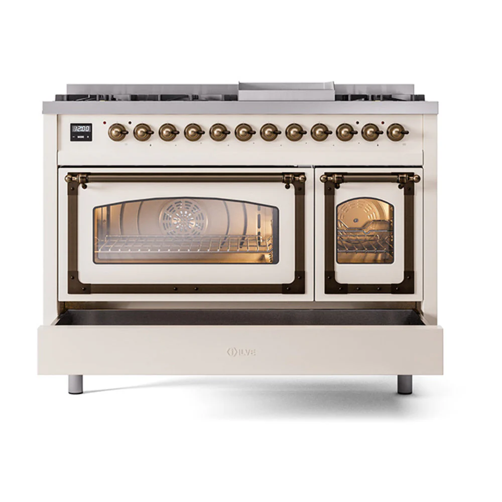 ILVE Nostalgie II Noblesse 48-Inch Freestanding Natural Gas Dual Fuel Range in Antique White with Bronze Trim (UN48FNMPAWB) - Image 8