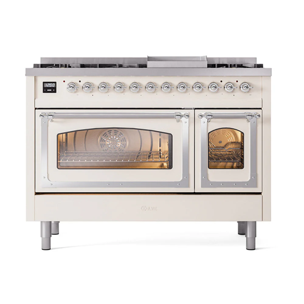 ILVE Nostalgie II Noblesse 48-Inch Freestanding Natural Gas Dual Fuel Range in Antique White with Chrome Trim (UN48FNMPAWC) - Image 2