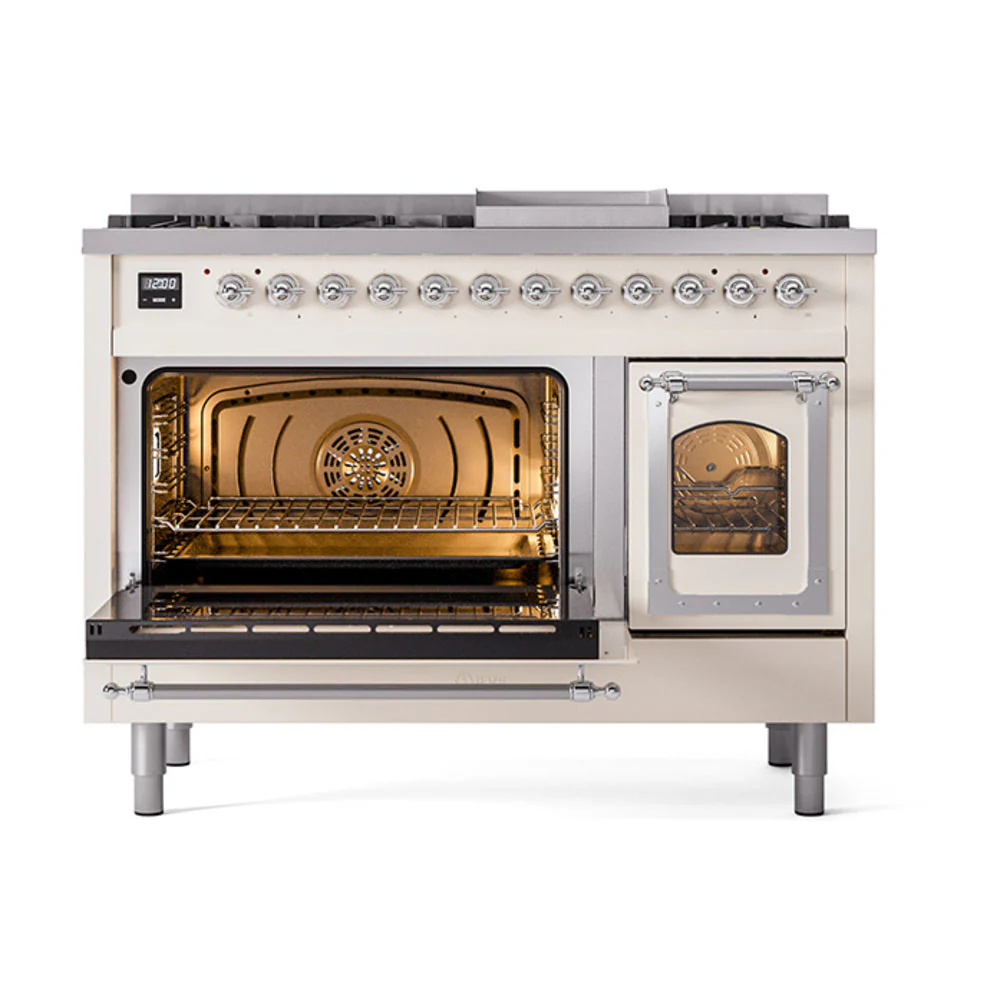 ILVE Nostalgie II Noblesse 48-Inch Freestanding Natural Gas Dual Fuel Range in Antique White with Chrome Trim (UN48FNMPAWC) - Image 6