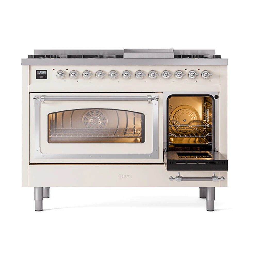 ILVE Nostalgie II Noblesse 48-Inch Freestanding Natural Gas Dual Fuel Range in Antique White with Chrome Trim (UN48FNMPAWC) - Image 7