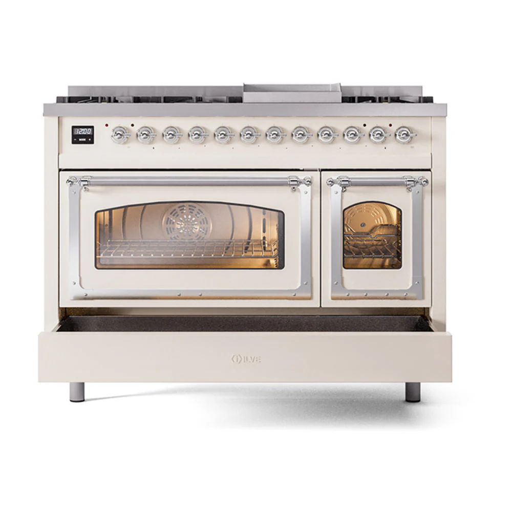 ILVE Nostalgie II Noblesse 48-Inch Freestanding Natural Gas Dual Fuel Range in Antique White with Chrome Trim (UN48FNMPAWC) - Image 8