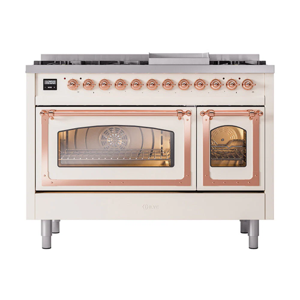 ILVE Nostalgie II Noblesse 48-Inch Freestanding Natural Gas Dual Fuel Range in Antique White with Copper Trim (UN48FNMPAWP) - Image 2
