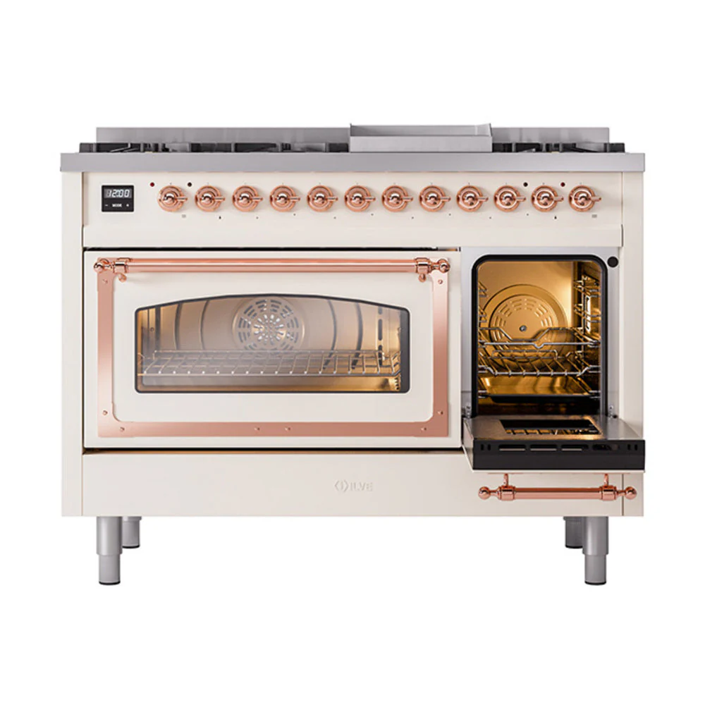 ILVE Nostalgie II Noblesse 48-Inch Freestanding Natural Gas Dual Fuel Range in Antique White with Copper Trim (UN48FNMPAWP) - Image 7