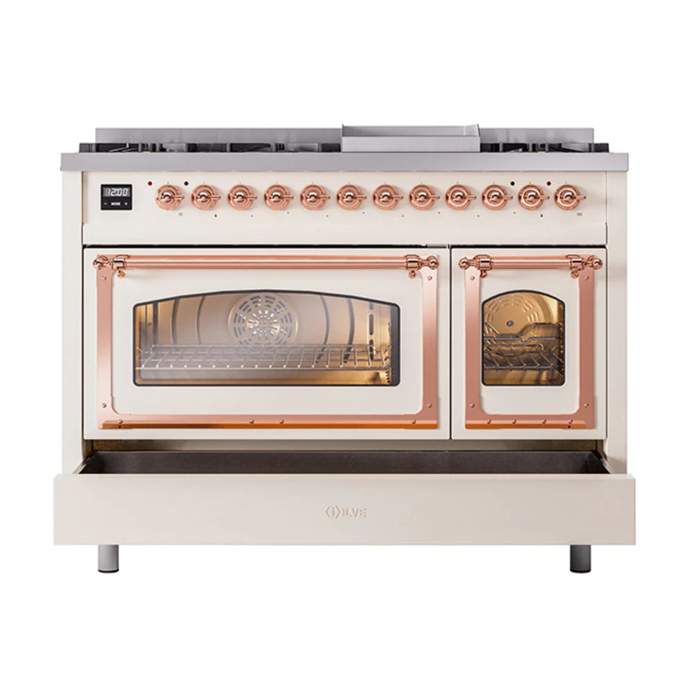 ILVE Nostalgie II Noblesse 48-Inch Freestanding Natural Gas Dual Fuel Range in Antique White with Copper Trim (UN48FNMPAWP) - Image 8