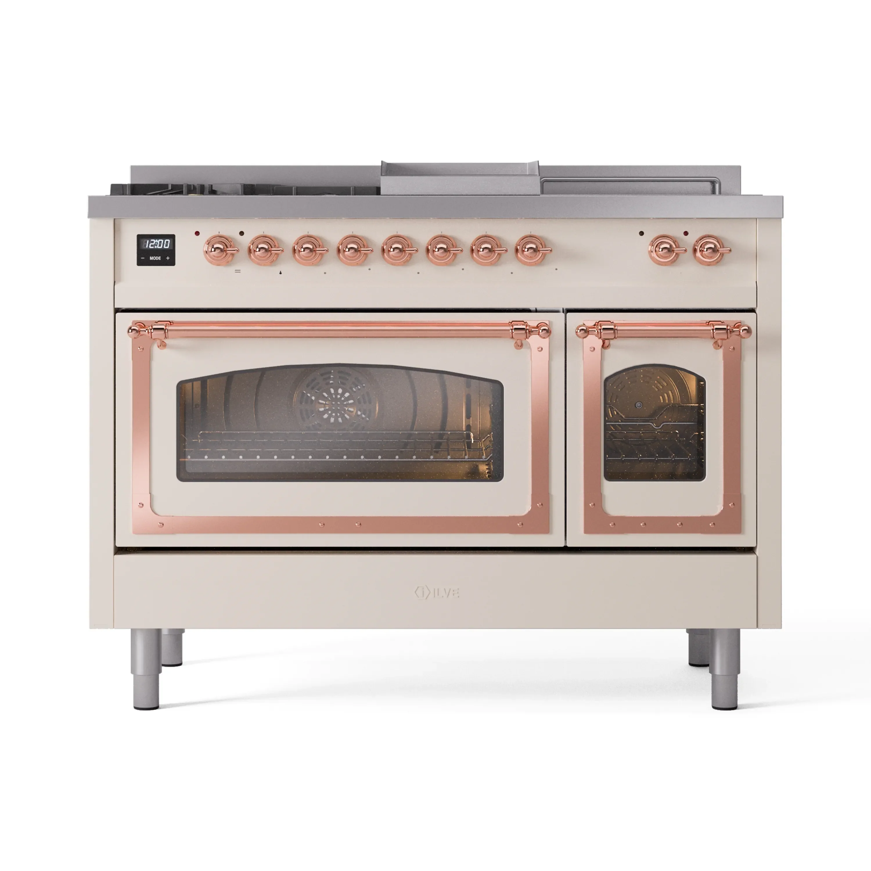ILVE Nostalgie II Noblesse 48-Inch Natural Gas Dual Fuel Range with 5 Burners, Griddle, & French Top with Triple Glass Door Oven in Antique White with Copper Trim (UN48FSNMPAWP) - Image 2