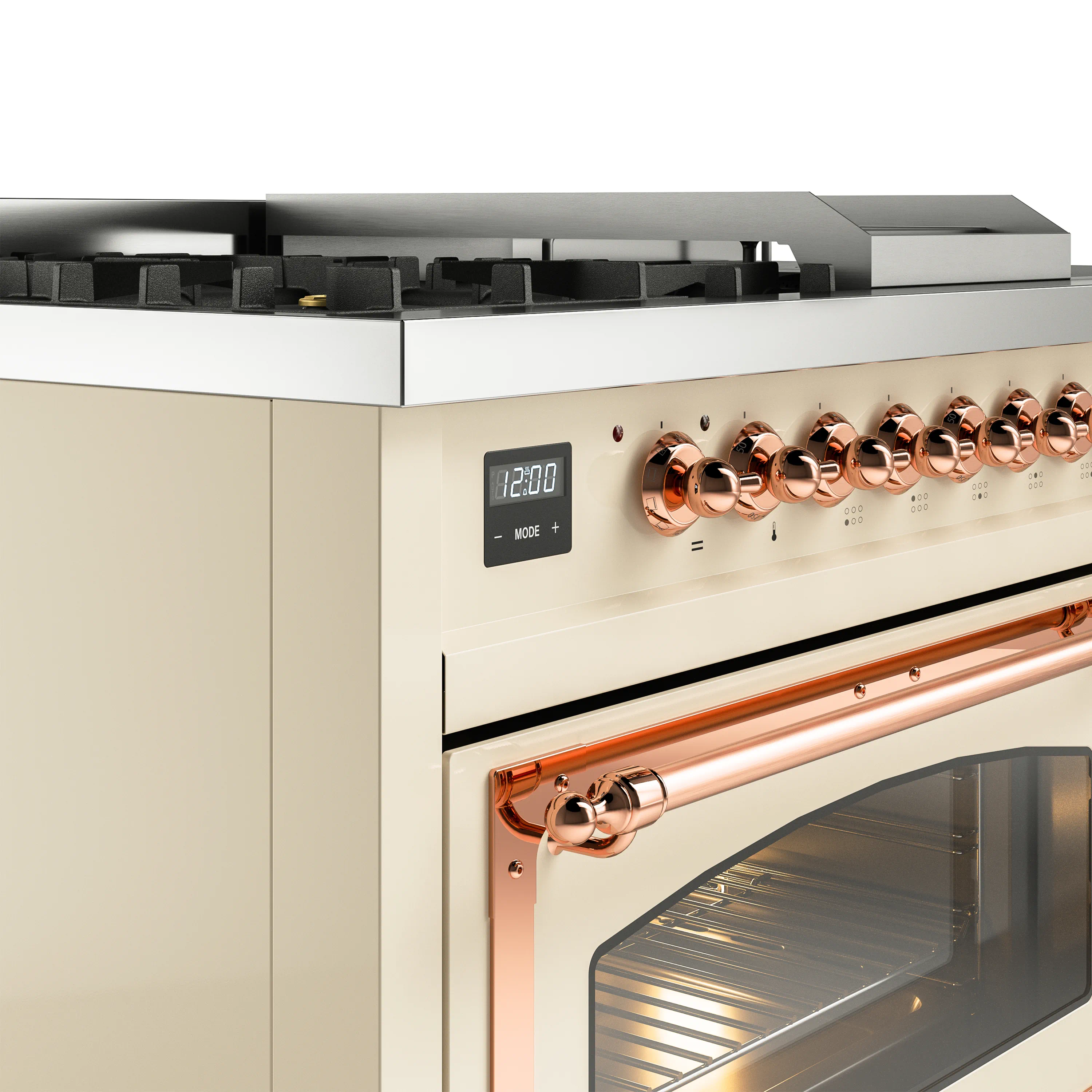 ILVE Nostalgie II Noblesse 48-Inch Natural Gas Dual Fuel Range with 5 Burners, Griddle, & French Top with Triple Glass Door Oven in Antique White with Copper Trim (UN48FSNMPAWP) - Image 3
