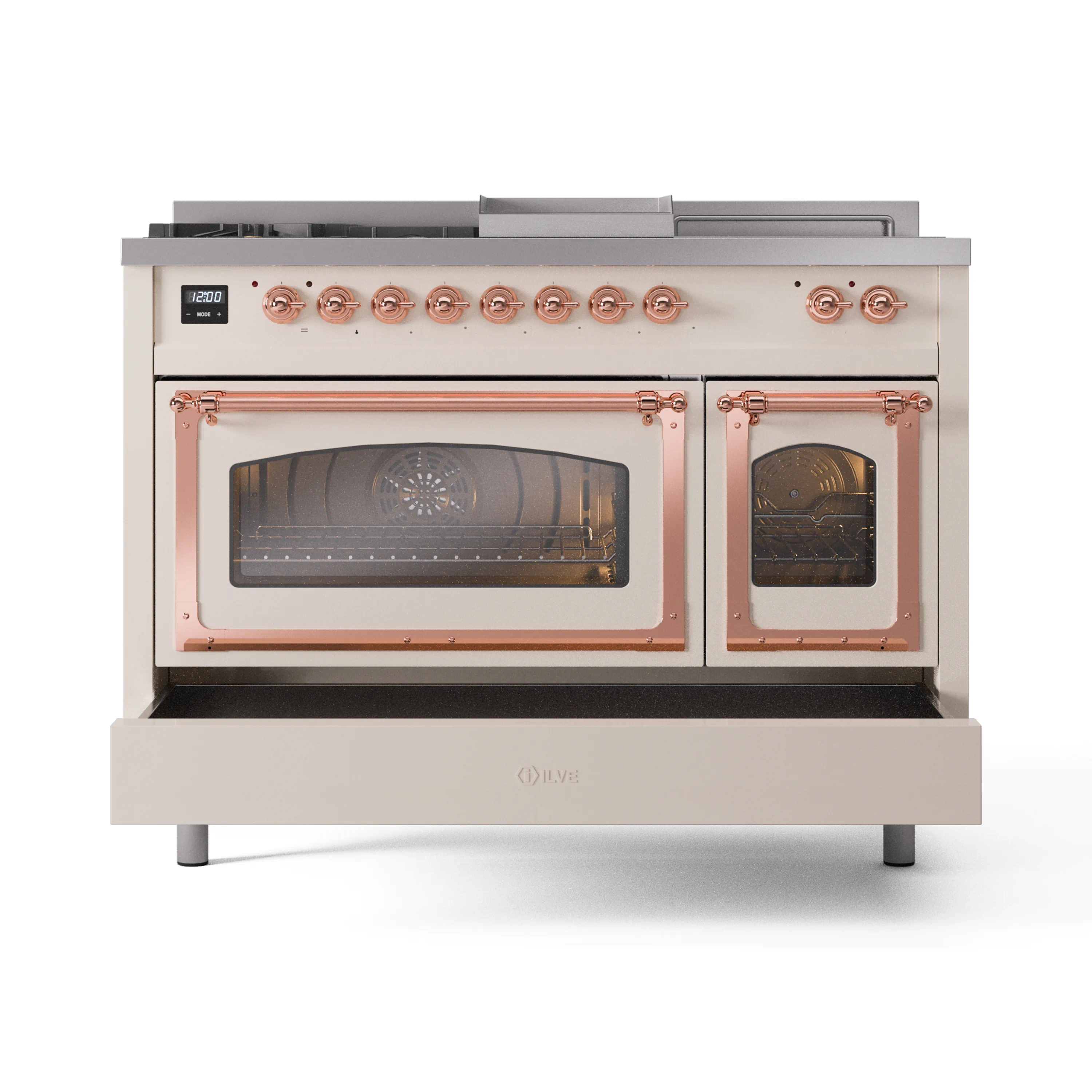 ILVE Nostalgie II Noblesse 48-Inch Natural Gas Dual Fuel Range with 5 Burners, Griddle, & French Top with Triple Glass Door Oven in Antique White with Copper Trim (UN48FSNMPAWP) - Image 6