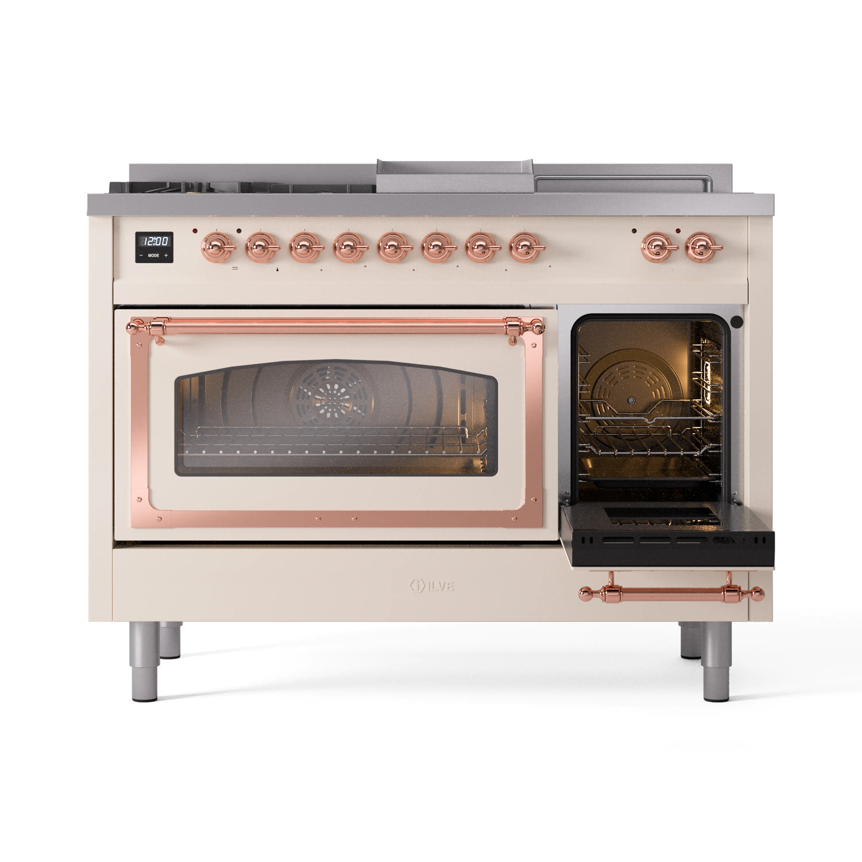 ILVE Nostalgie II Noblesse 48-Inch Natural Gas Dual Fuel Range with 5 Burners, Griddle, & French Top with Triple Glass Door Oven in Antique White with Copper Trim (UN48FSNMPAWP) - Image 7