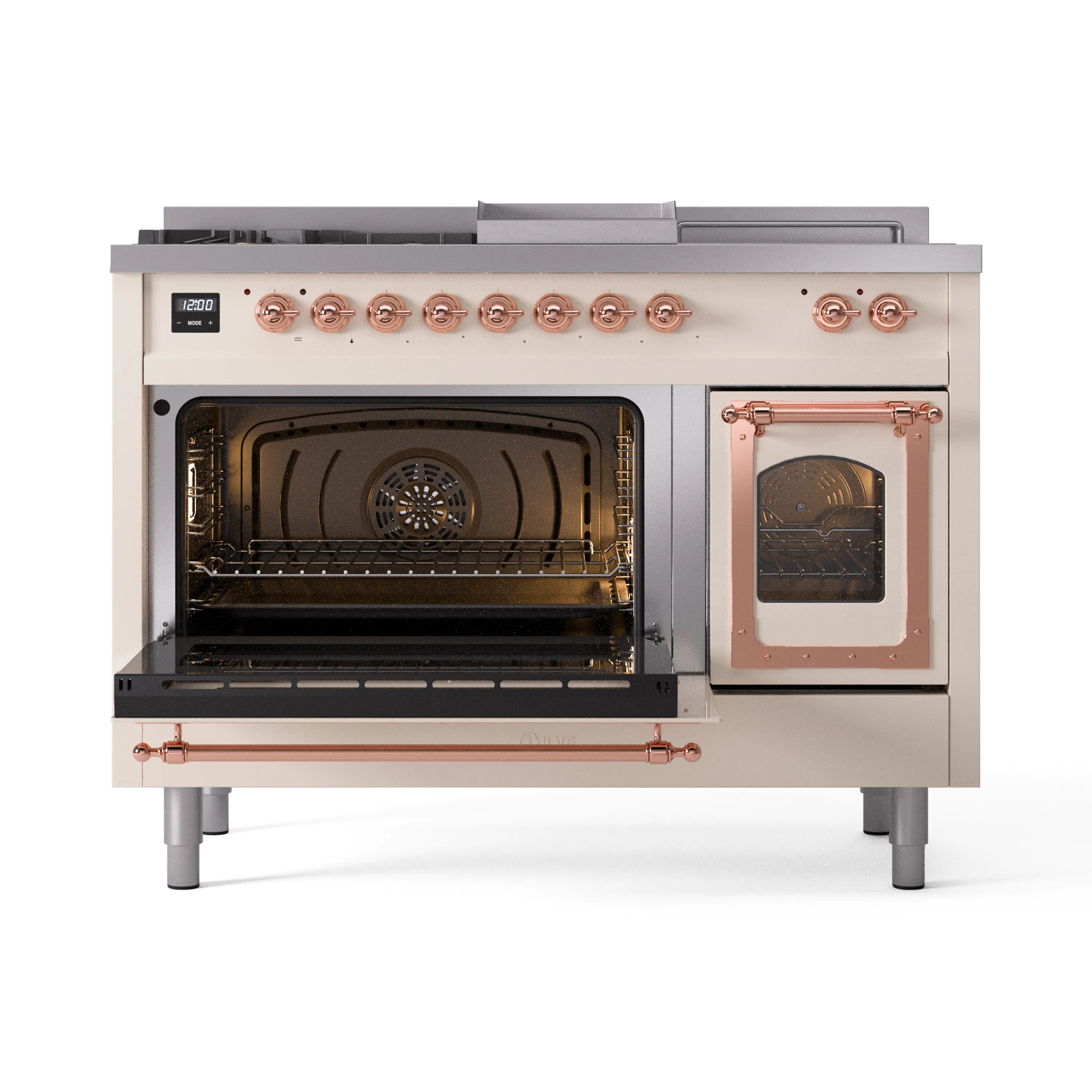 ILVE Nostalgie II Noblesse 48-Inch Natural Gas Dual Fuel Range with 5 Burners, Griddle, & French Top with Triple Glass Door Oven in Antique White with Copper Trim (UN48FSNMPAWP) - Image 8