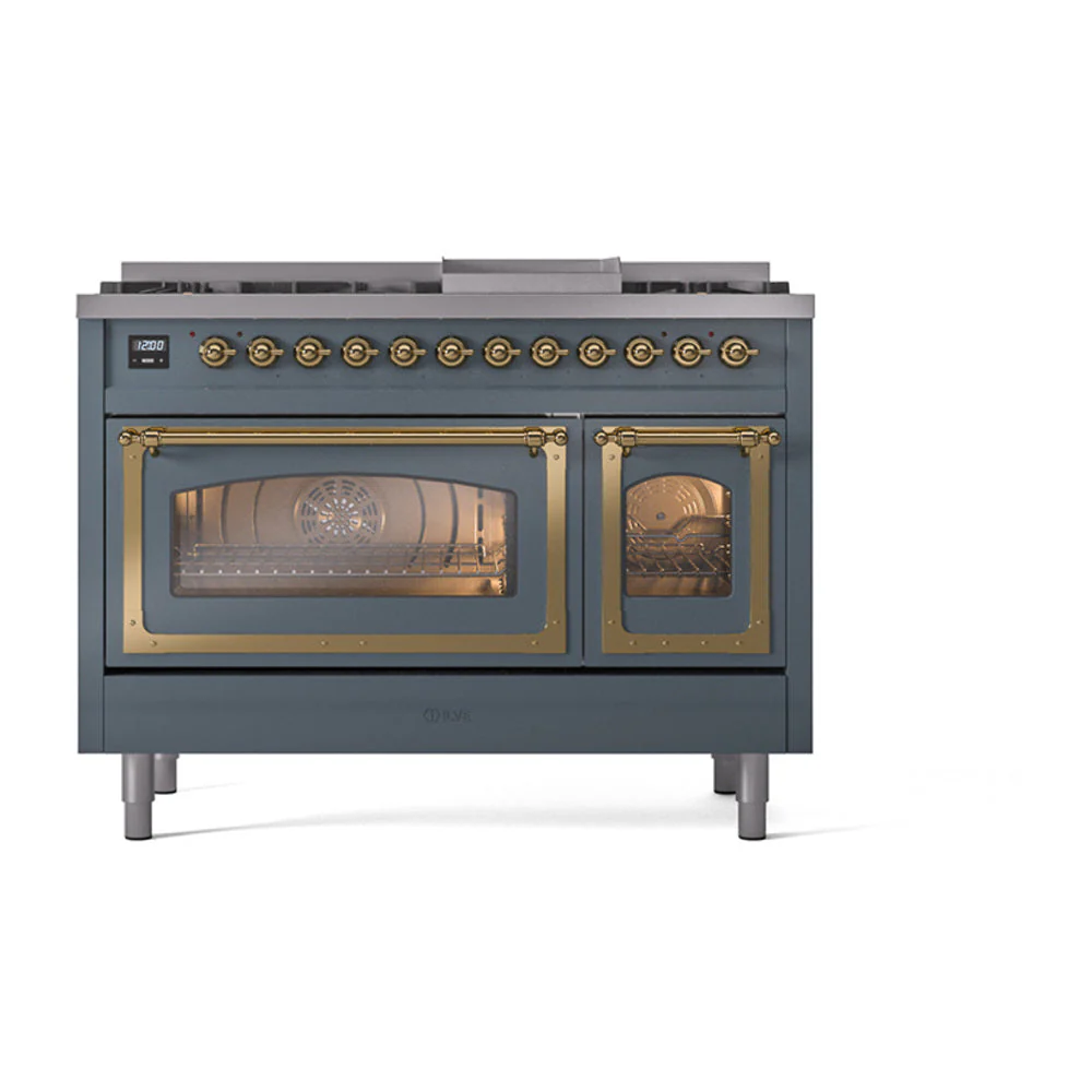 ILVE Nostalgie II Noblesse 48-Inch Freestanding Natural Gas Dual Fuel Range in Blue Grey with Brass Trim (UN48FNMPBGG) - Image 2