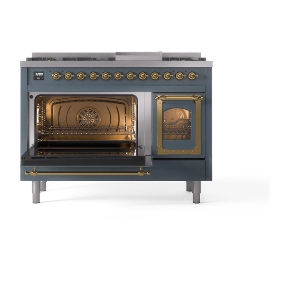 ILVE Nostalgie II Noblesse 48-Inch Freestanding Natural Gas Dual Fuel Range in Blue Grey with Brass Trim (UN48FNMPBGG) - Image 6