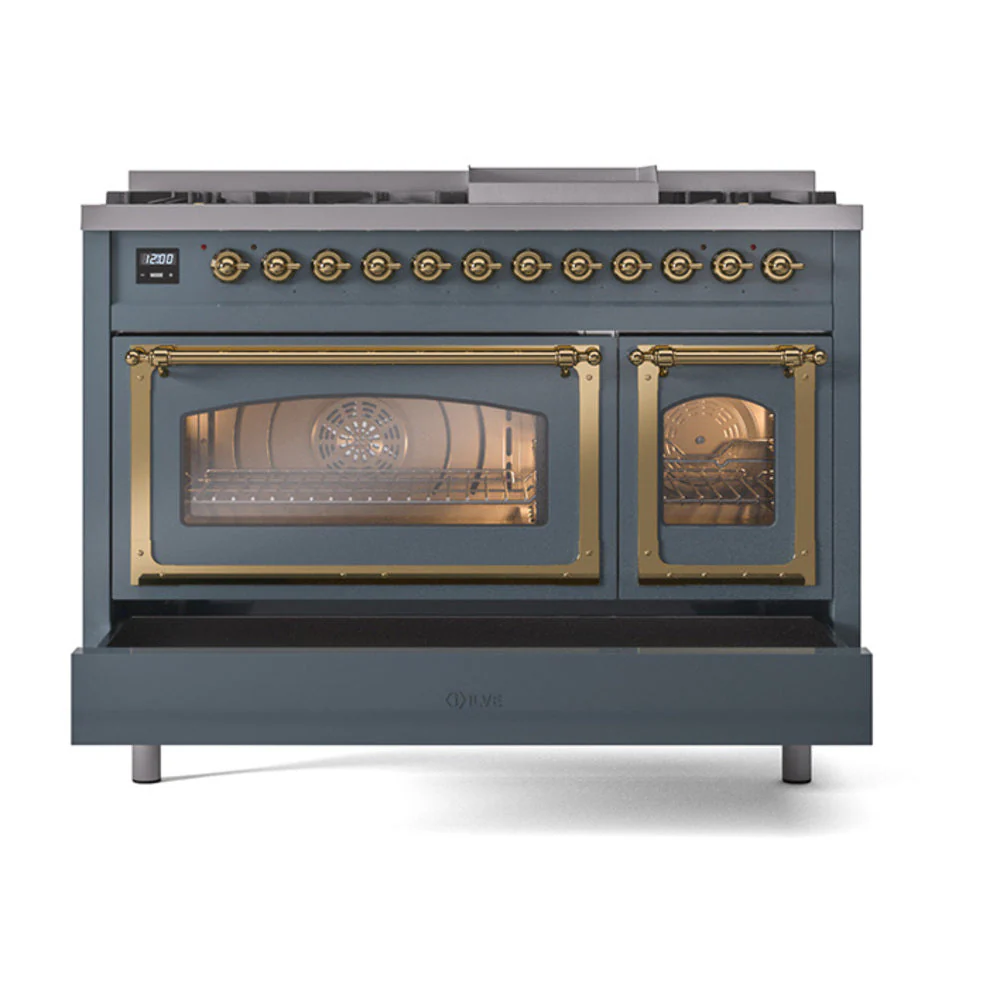 ILVE Nostalgie II Noblesse 48-Inch Freestanding Natural Gas Dual Fuel Range in Blue Grey with Brass Trim (UN48FNMPBGG) - Image 8
