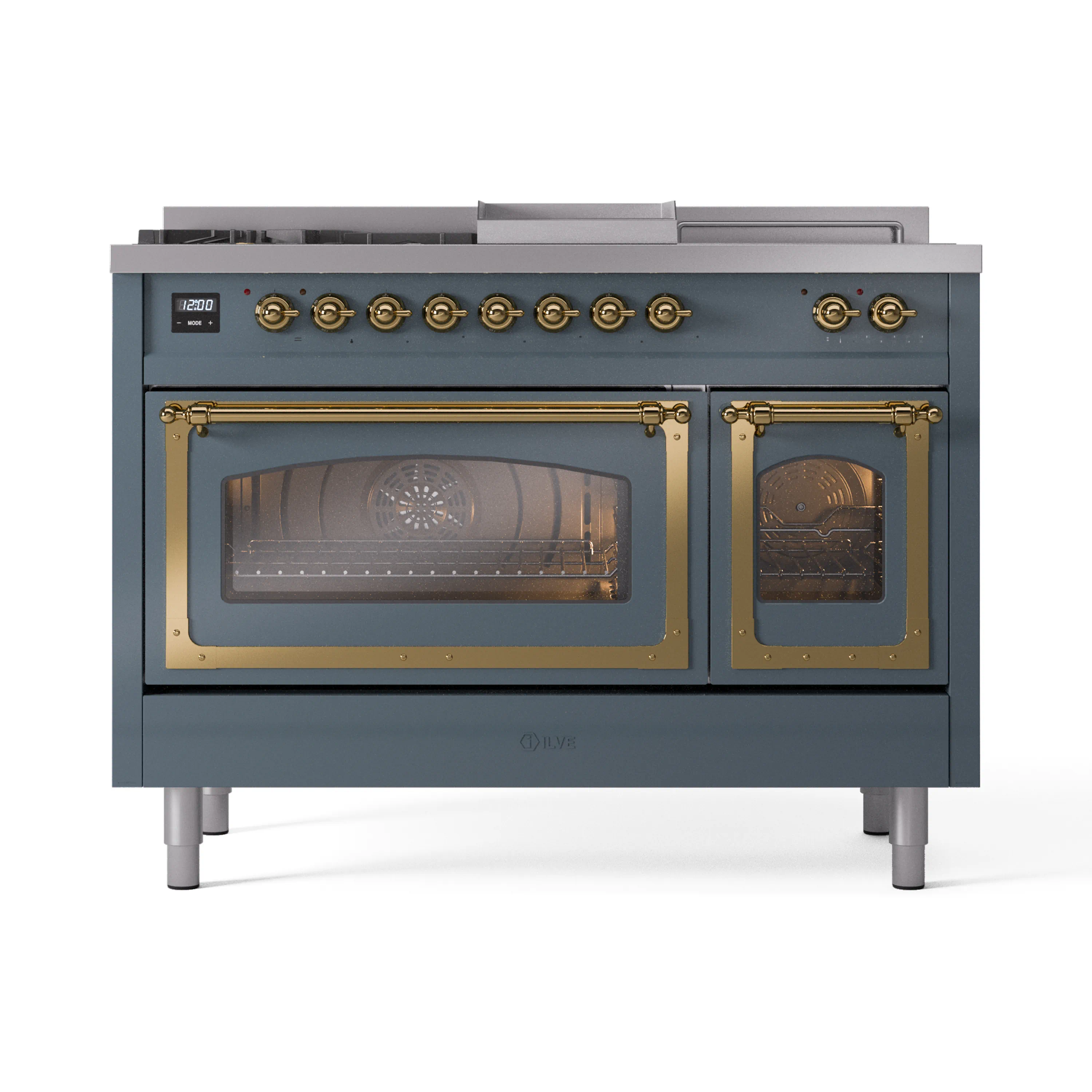 ILVE Nostalgie II Noblesse 48-Inch Natural Gas Dual Fuel Range with 5 Burners, Griddle, & French Top with Triple Glass Door Oven in Blue Grey with Brass Trim (UN48FSNMPBGG) - Image 2