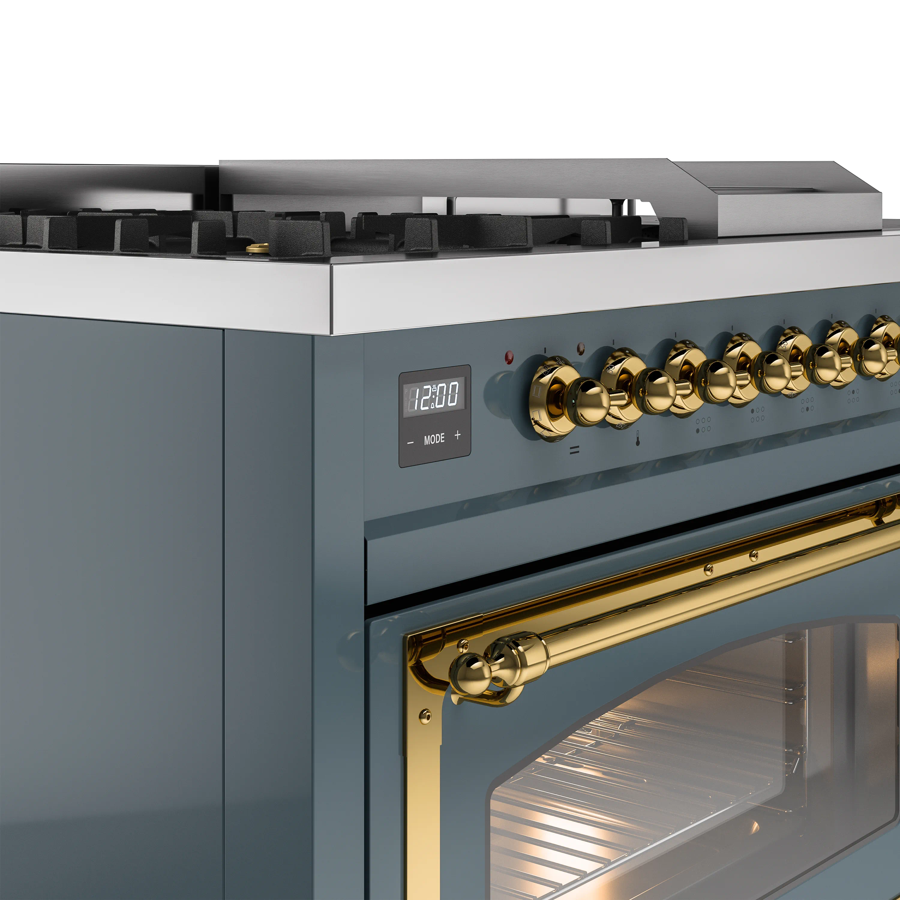 ILVE Nostalgie II Noblesse 48-Inch Natural Gas Dual Fuel Range with 5 Burners, Griddle, & French Top with Triple Glass Door Oven in Blue Grey with Brass Trim (UN48FSNMPBGG) - Image 3