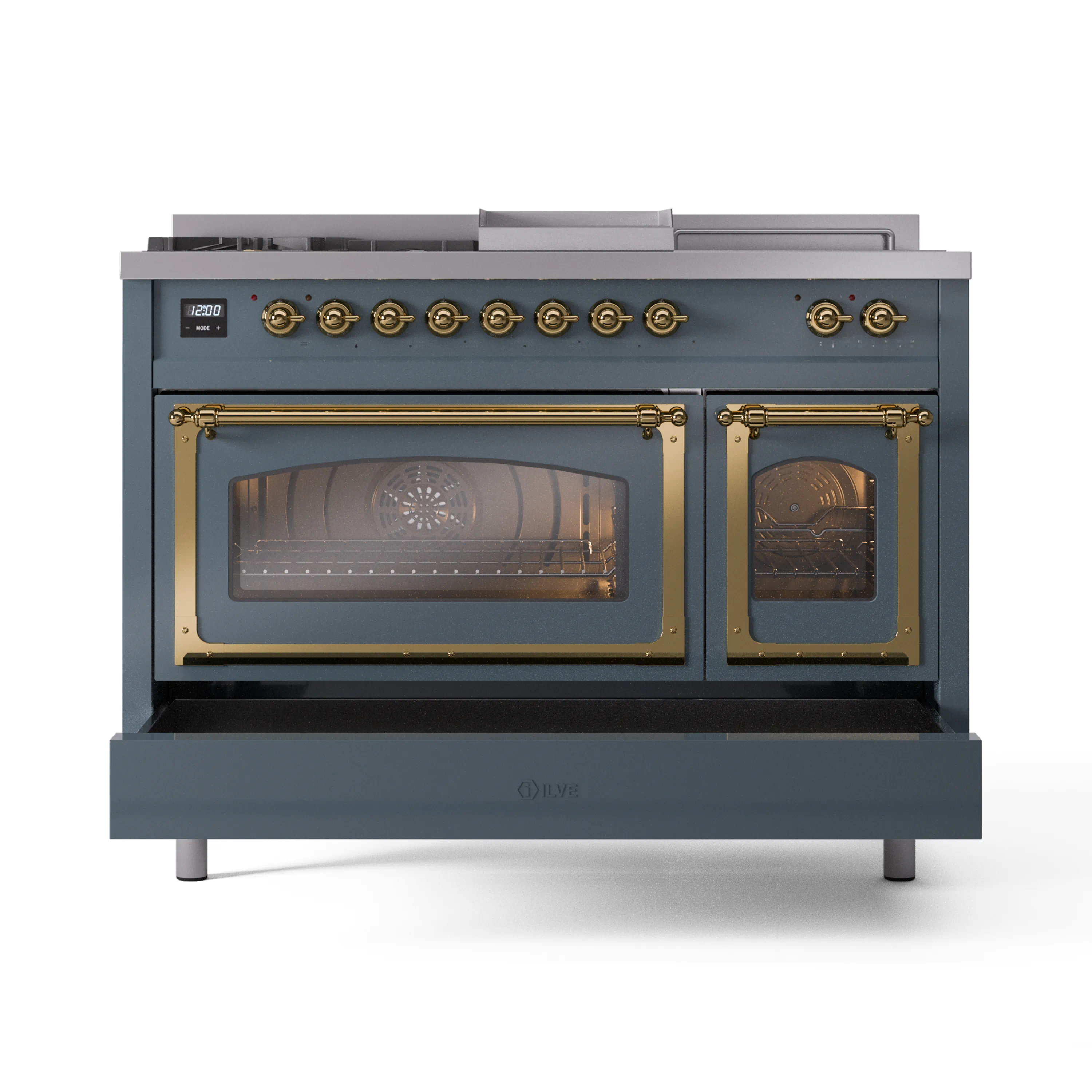 ILVE Nostalgie II Noblesse 48-Inch Natural Gas Dual Fuel Range with 5 Burners, Griddle, & French Top with Triple Glass Door Oven in Blue Grey with Brass Trim (UN48FSNMPBGG) - Image 6