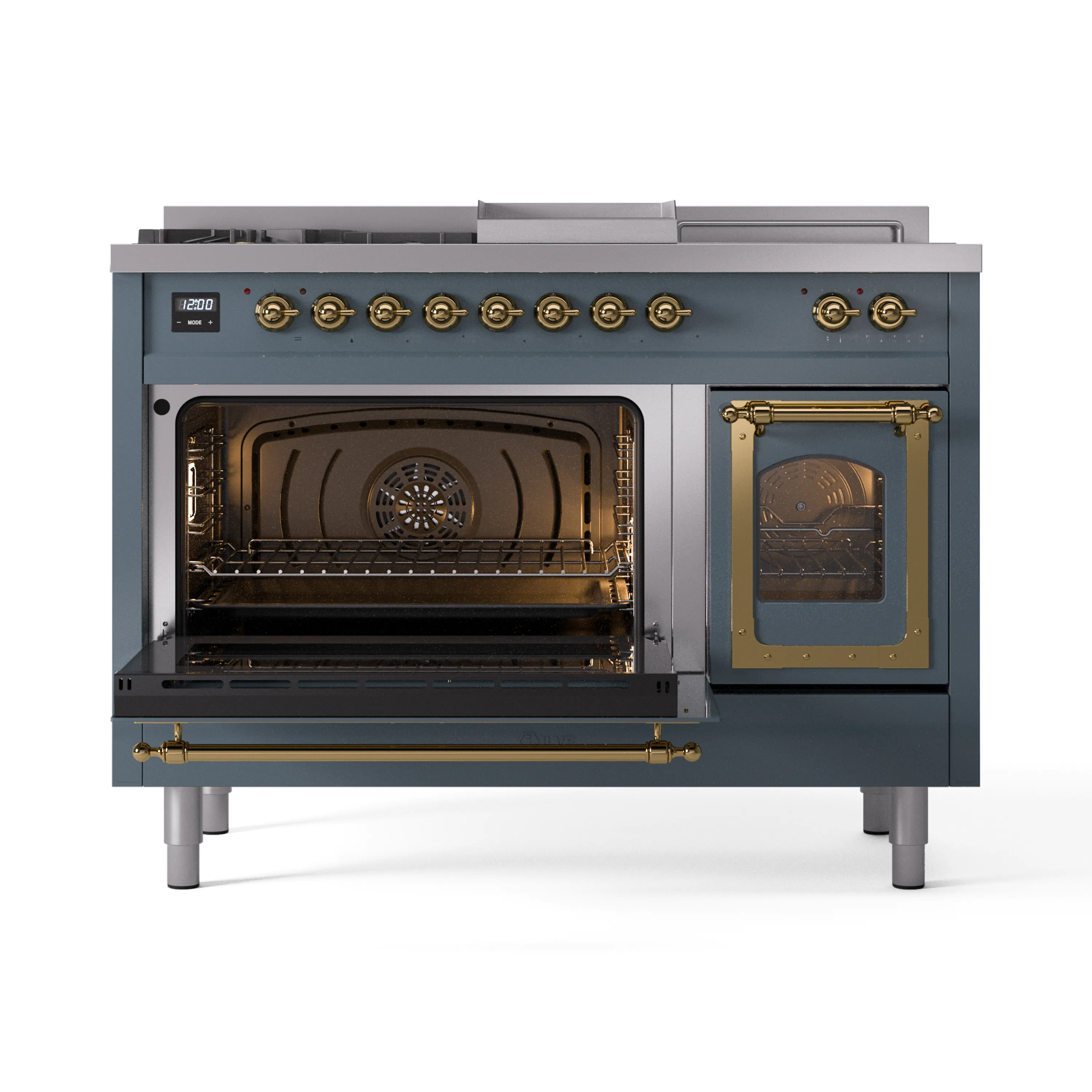 ILVE Nostalgie II Noblesse 48-Inch Natural Gas Dual Fuel Range with 5 Burners, Griddle, & French Top with Triple Glass Door Oven in Blue Grey with Brass Trim (UN48FSNMPBGG) - Image 7
