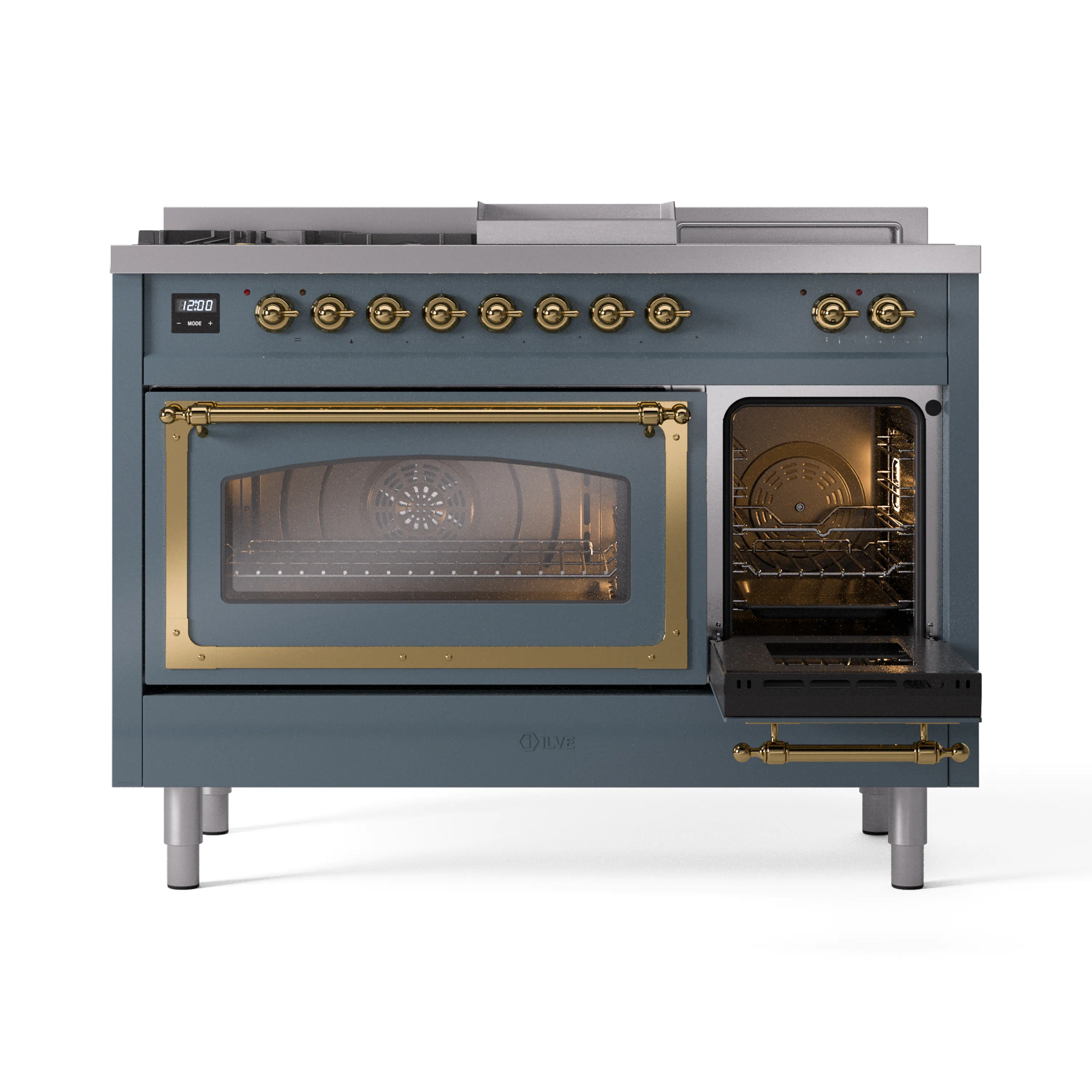 ILVE Nostalgie II Noblesse 48-Inch Natural Gas Dual Fuel Range with 5 Burners, Griddle, & French Top with Triple Glass Door Oven in Blue Grey with Brass Trim (UN48FSNMPBGG) - Image 8