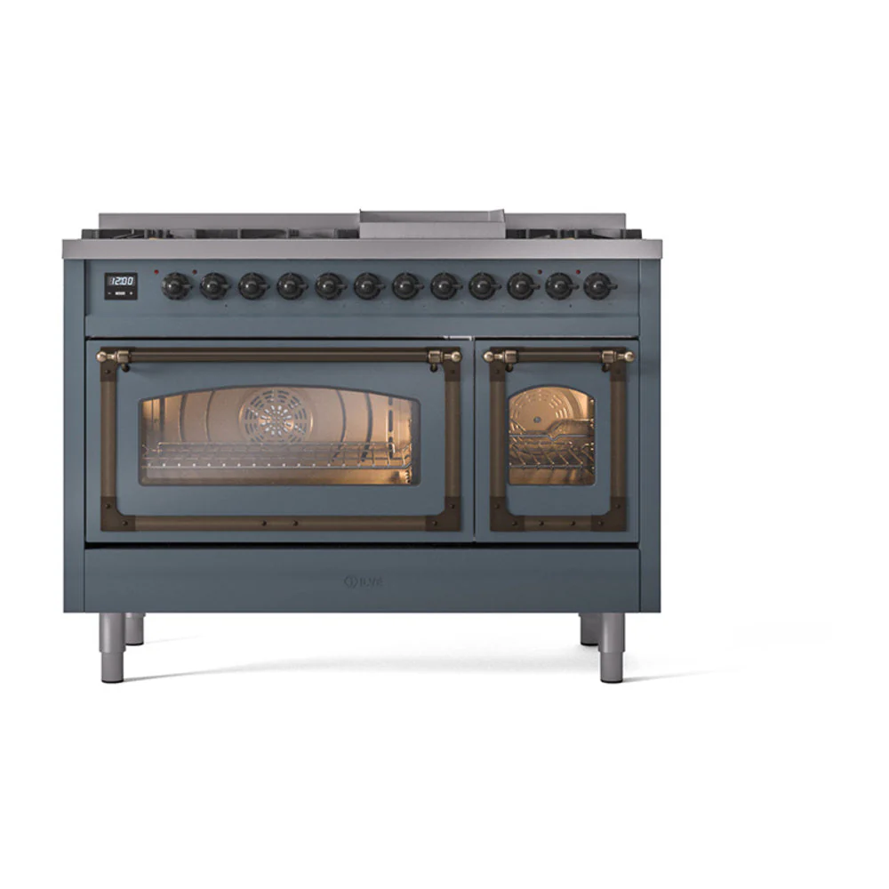 ILVE Nostalgie II Noblesse 48-Inch Freestanding Natural Gas Dual Fuel Range in Blue Grey with Bronze Trim (UN48FNMPBGB) - Image 2