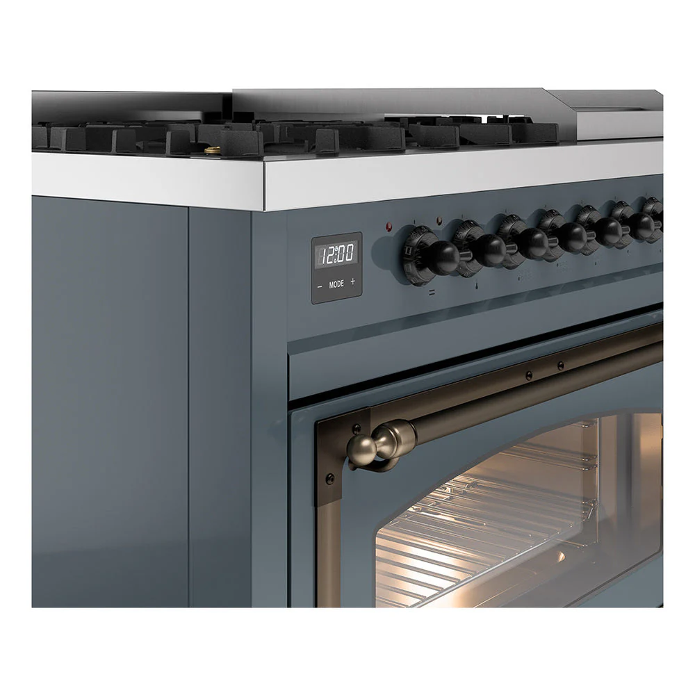 ILVE Nostalgie II Noblesse 48-Inch Freestanding Natural Gas Dual Fuel Range in Blue Grey with Bronze Trim (UN48FNMPBGB) - Image 3