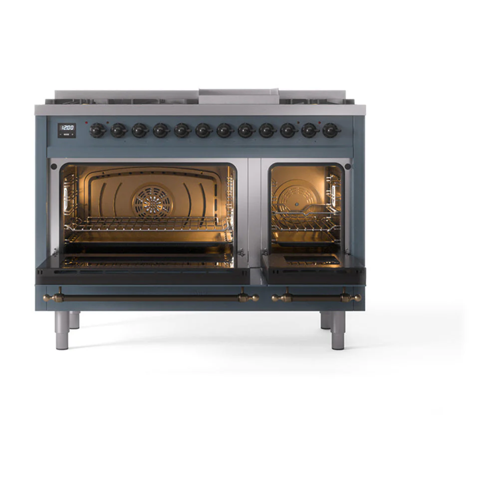 ILVE Nostalgie II Noblesse 48-Inch Freestanding Natural Gas Dual Fuel Range in Blue Grey with Bronze Trim (UN48FNMPBGB) - Image 5