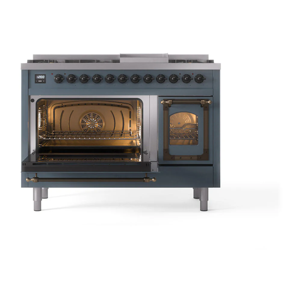 ILVE Nostalgie II Noblesse 48-Inch Freestanding Natural Gas Dual Fuel Range in Blue Grey with Bronze Trim (UN48FNMPBGB) - Image 6